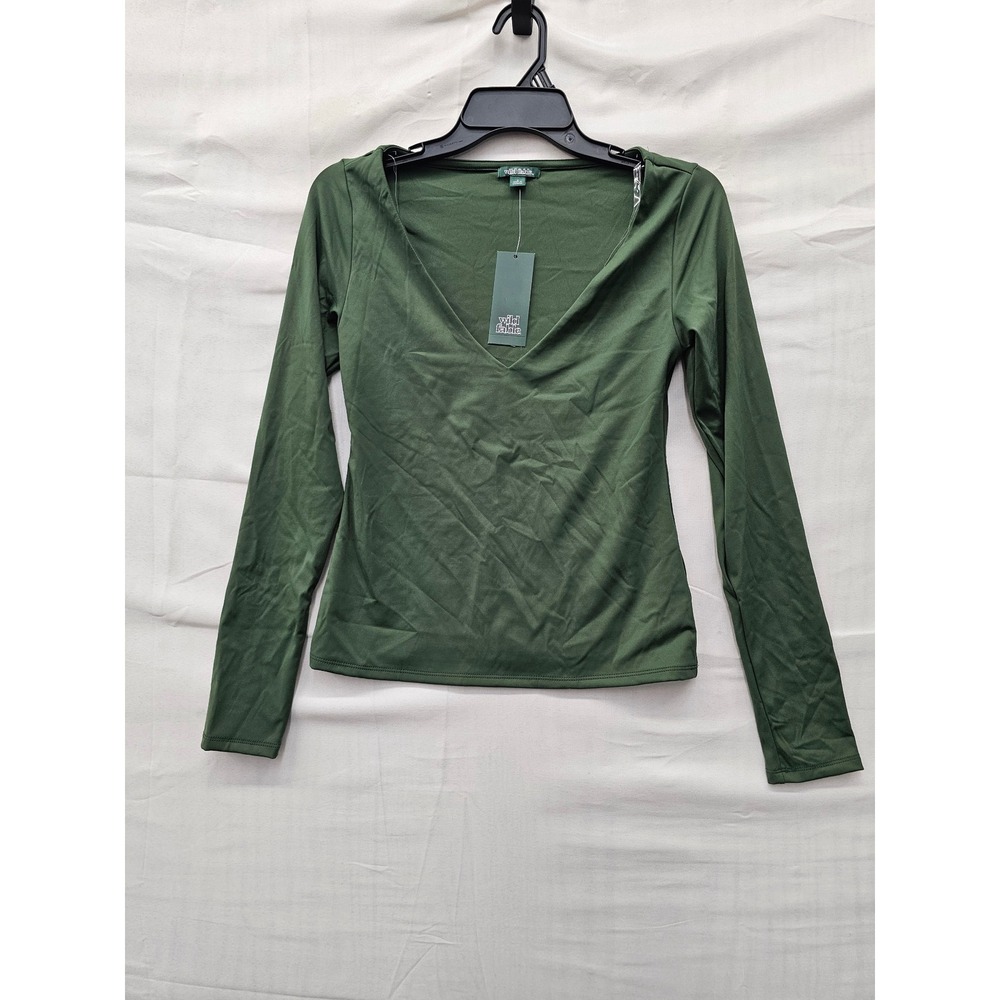Wild Fable Womens Deep V Neck Top Green Nylon Blend Casual Size Small